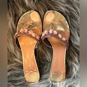Nine West Beaded Kitten Heel Sandals Metallic Gold Pink Embellished Size 8.5